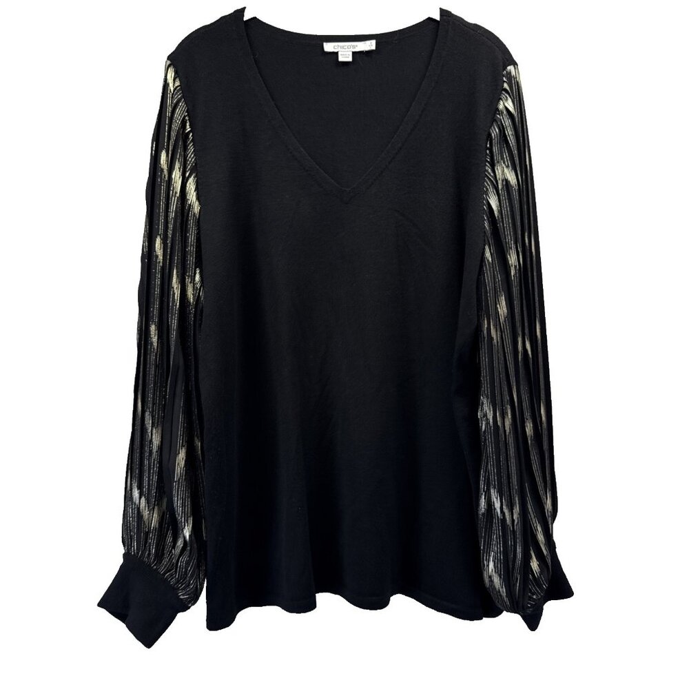 Chicos Women's Top Size Large‎ Black Stretch Gold Metallic Balloon Puff Sleeves